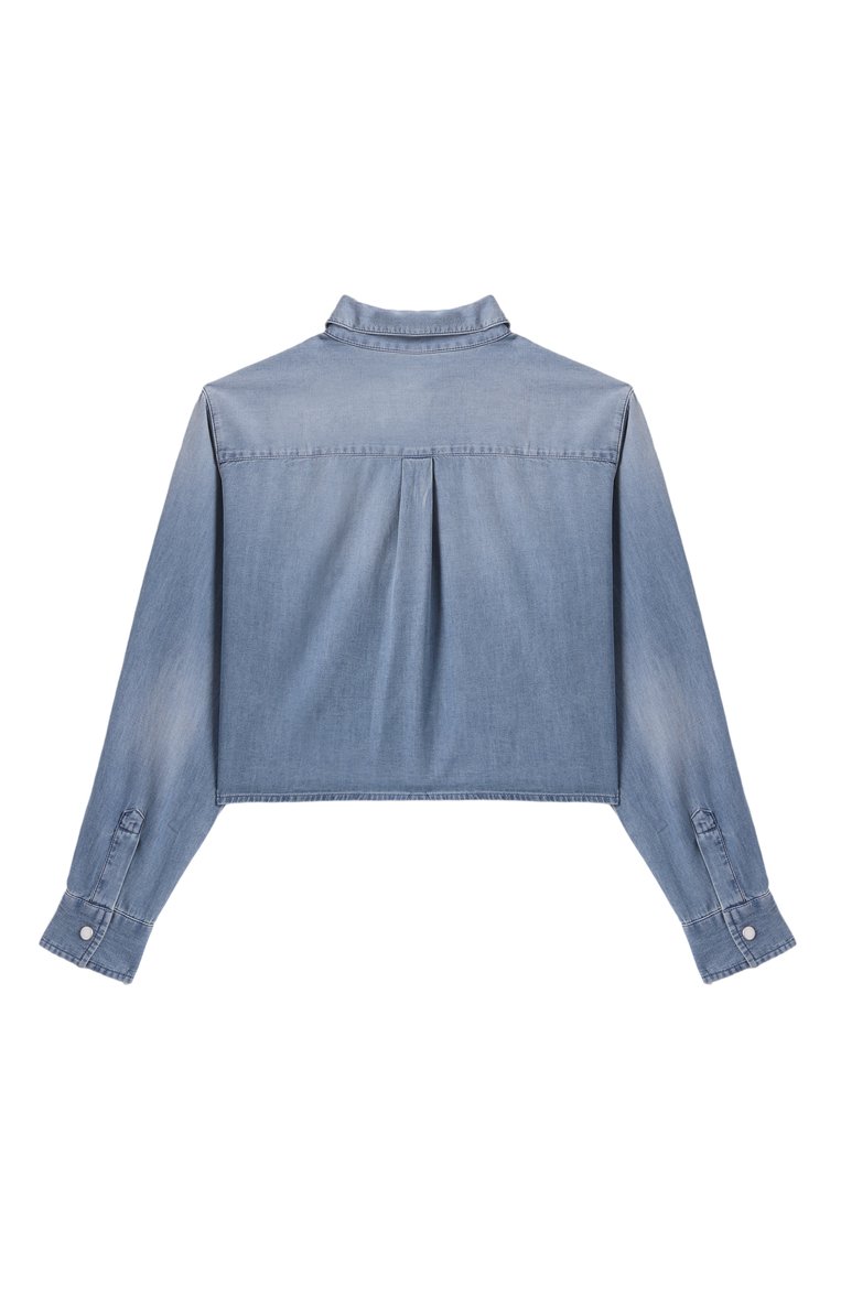 Детское джинсовая рубашка DOLCE & GABBANA синего цвета, арт. L56S32/LDD07/8-14 | Фото 2 (Рукава: Длинные; Случай: Повседневный; Материал внешний: Деним, Хлопок; Ростовка одежда: 8 лет | 128 см, 13 - 15 лет | 158 см, 16 лет | 164 см, 10 - 11 лет | 140 - 146см)