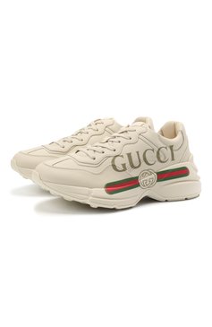 Женские кожаные кроссовки rhyton на шнуровке GUCCI кремвого цвета, арт. 528892/DRW00 | Фото 1 (Подошва: Платформа; Материал внутренний: Натуральная кожа; Материал сплава: Проставлено, Проверено; Материал утеплителя: Без утеплителя; Статус проверки: Проверено, Проверена категория; Драгоценные камни: Проставлено; Стили: Кэжуэл)