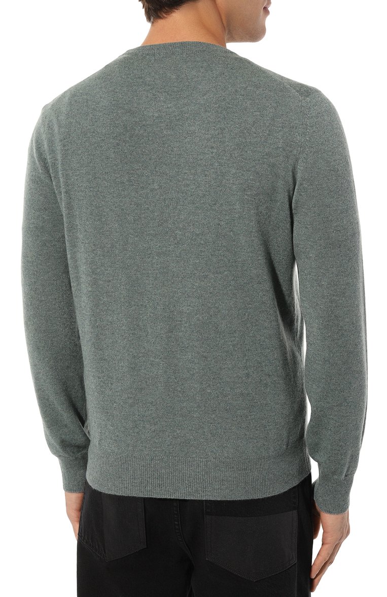 Мужской кашемировый джемпер BRUNELLO CUCINELLI зеленого цвета, арт. M2200B2204 | Фото 4 (Материал внешний: Кашемир, Шерсть; Длина (для топов): Стандартные; Рукава: Длинные; Вырез: Круглый; Стили: Кэжуэл; Принт: Без принта; Мужское Кросс-КТ: Джемперы)
