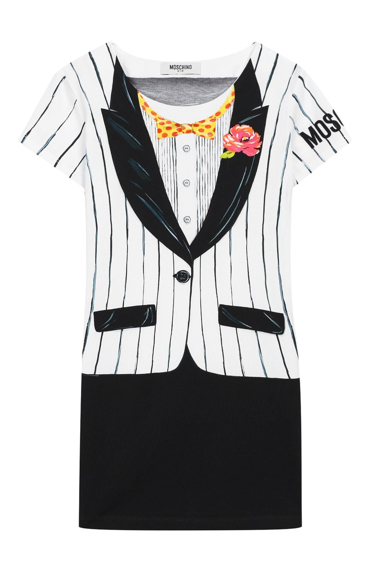 Детское хлопковое платье MOSCHINO черно-белого цвета, арт. HDV07P/LBA00/4A-8A | Фото 1 (Статус проверки: Проверена категория; Матер�иал внешний: Хлопок; Рукава: Короткие; Принт: С принтом; Девочки Кросс-КТ: Платье-одежда)