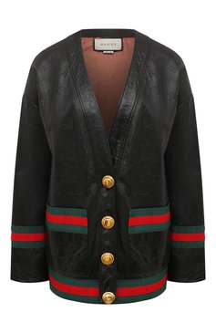 Женский кожаный жакет GUCCI черного цвета, арт. 547357 XN681 | Фото 1 (Рукава: Длинные; Случай: Повседневный; Длина (для топов): Стандартные; Материал сплава: Проставлено; 1-2-бортные: Однобортные; Материал внешний: Натуральная кожа; Драгоценные камни: Проставлено; Женское Кросс-КТ: Жакет-оде�жда; Стили: Кэжуэл)