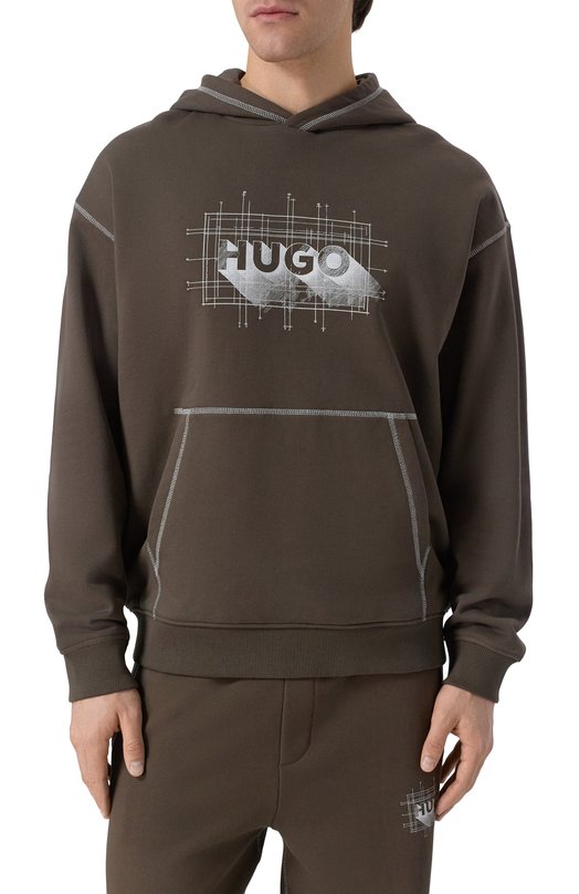 Хлопковое худи HUGO Blue 50553506 Коричневый  50553506 Фото 3