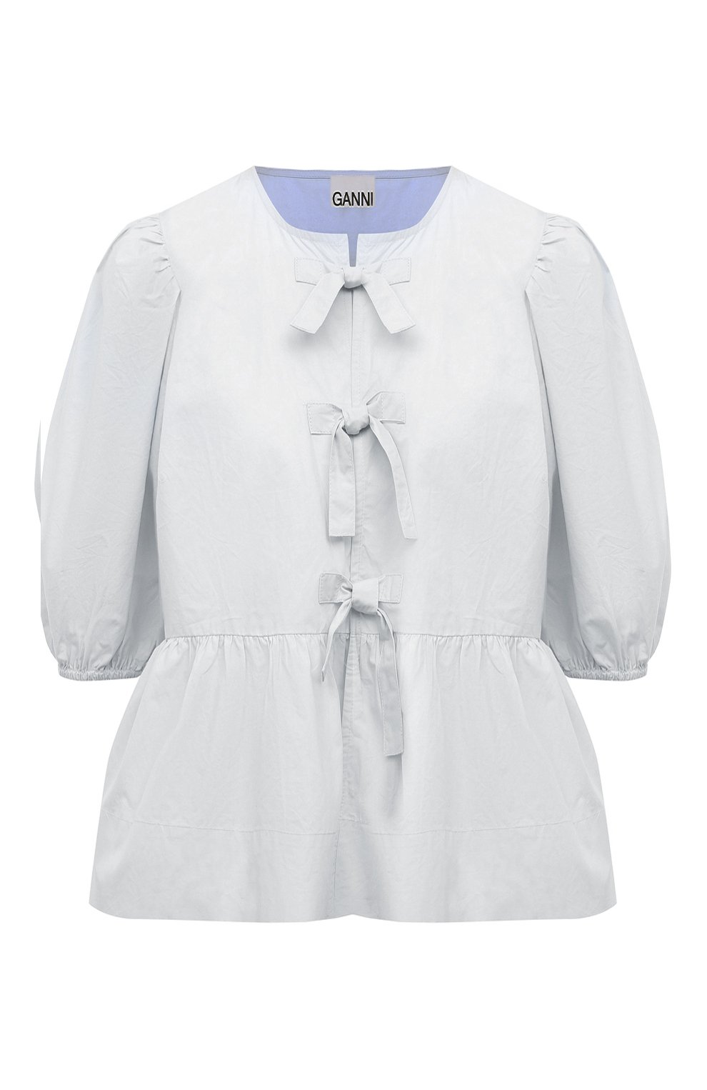 Хлопковая блузка GANNI светло-голубого цвета по цене 17550 руб., арт. F9074, фото 1 Хлопковая блузка GANNI, арт. F9074, фото 1