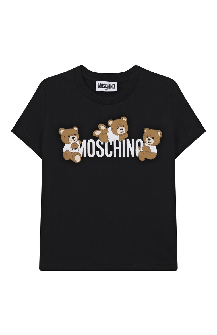 Мужского хлопковая футболка MOSCHINO черного цвета, арт. HUM059/LAA23/4-8 | Фото 1 (Материал внешний: Хлопок; Девочки Кросс-КТ: футболка-одежда; Нос: Не проставлено; Региональные ограничения белый список (Axapta Mercury): Не проставлено; Мальчики Кросс-КТ: Футболка-одежда; Ростовка одежда: 4 года | 104 см, 5 лет | 110 см, 6 лет | 116 см, 8 лет | 128 см)