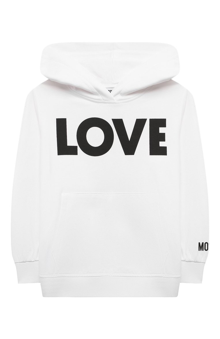 Детский хлопковое худи MOSCHINO белого цвета, арт. HDF063/LCA61/4-8 | Фото 1 (Рукава: Длинные; Материал внешний: Хлопок; Материал сплава: Проставлено; Драгоценные камни: Проставлено; Девочки Кросс-КТ: Худи-одежда; Ростовка одежда: 6 лет | 116 см, 8 лет | 128 см, 4 года | 104 см, 5 лет | 110 см)
