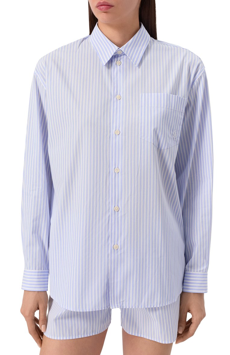 Женская хлопковая рубашка SPORTY AND RICH голубого цвета, арт. SI006612302ST08 | Фото 3 (Рукава: Длинные; Автоматизация ТО: Проставлено; Длина (для топов): Удлиненные; Автоматизация состава: Проставлено; Материал внешний: Хлопок; Женское Кросс-КТ: Рубашка-одежда; Принт: Полоска, С принтом; Стили: Кэжуэл; Детали: Без декора)