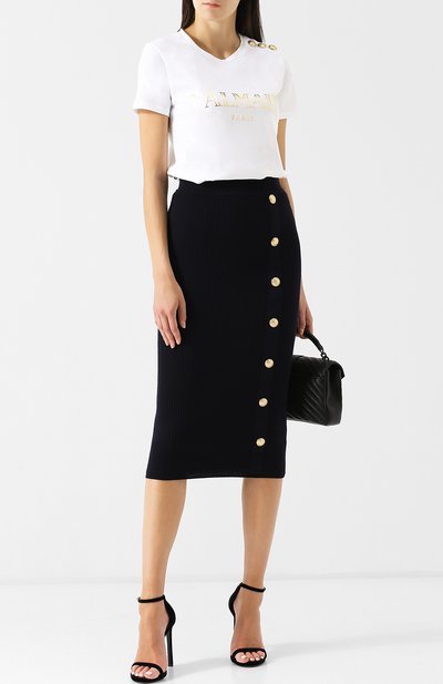 Хлопковая футболка с логотипом бренда и контрастными пуговицами BALMAIN, арт. 148120/326I, фото 2