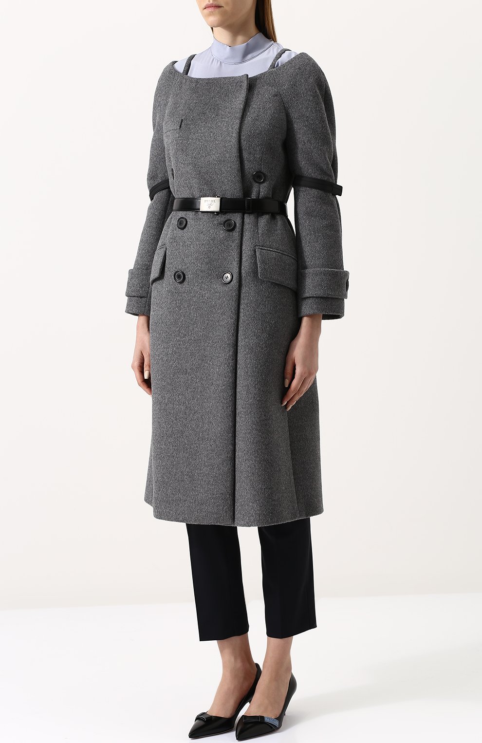 Двубортное шерстяное пальто с поясом и вырезом-лодочка PRADA, арт. P622HK-1QLO-F0H16, фото 3