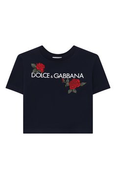 Детская хлопковая футболка DOLCE & GABBANA темно-синего цвета, арт. L5JTKT/G7J7W/8-14 | Фото 1 (Девочки Кросс-КТ: футболка-одежда; Рукава: Короткие; Материал сплава: Проставлено; Материал внешний: Хлопок; Драгоценные камни: Проставлено)