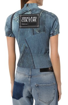 Женский хлопковый топ VERSACE JEANS COUTURE синего цвета, арт. 76HAFM08/CMH38 | Фото 4 (Рукава: Короткие; Длина (для топов): Стандартные; Материал сплава: Проставлено; Материал внешний: Хлопок; Драгоценные камни: Проставлено; Стили: Кэжуэл)