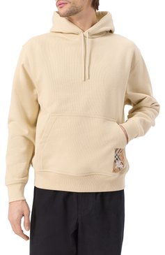 Мужской хлопковое худи BURBERRY кремового цвета, арт. 8103513 | Фото 3 (Драгоценные камни: Проставлено; Рукава: Длинные; Материал сплава: Проставлено; Длина (для топов): Стандартные; Мужское Кросс-КТ: Худи-одежда; Принт: Без принта; Стили: Спорт-шик; Материал внешний: Хлопок)
