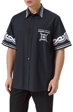 Мужская хлопковая рубашка DOLCE & GABBANA черного цвета, арт. G5LG9T/GI960 | Фото 3 (Материал сплава: Проставлено; Рукава: Короткие; Длина (для топов): Стандартные; Материал внешний: Хлопок; Драгоценные камни: Проставлено; Случай: Повседневный; Воротник: Кент; Принт: С принтом; Стили: Кэжуэл)
