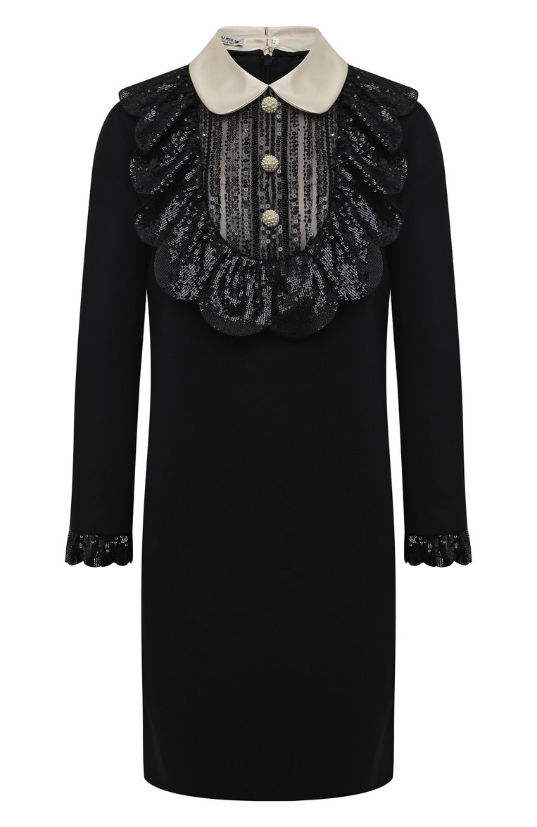 Женское платье MIU MIU черного цвета, арт. MF3807-1XDV-F0002 | Фото 1 (Длина Ж (юбки, платья, шорты): Мини; Материал внешний: Синтетический материал; Рукава: Длинные; Женское Кросс-КТ: Платье-одежда; Стили: Классический; Случай: Формальный; Драгоценные камни: Проставлено; Материал сплава: Проставлено)