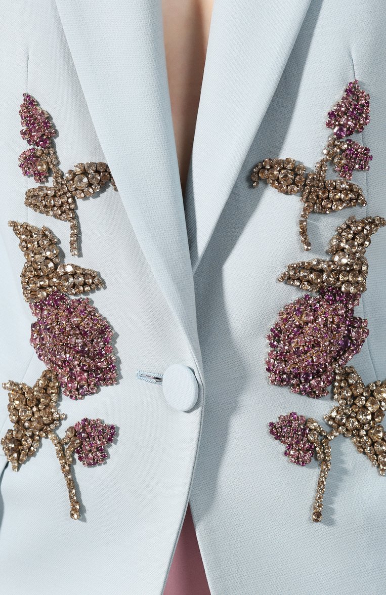 Женский жакет из смеси шерсти и шелка ALEXANDER MCQUEEN голубого цвета, арт. 585790/QJAAA | Фото 5 (Рукава: Длинные; Длина (для топов): Удлиненные; Статус проверки: Проверено, Проверена категория; Материал внешний: Шерсть; Случай: Вечерний, Формальный; 1-2-бортные: Однобортные; Женское Кросс-КТ: Жакет-одежда)