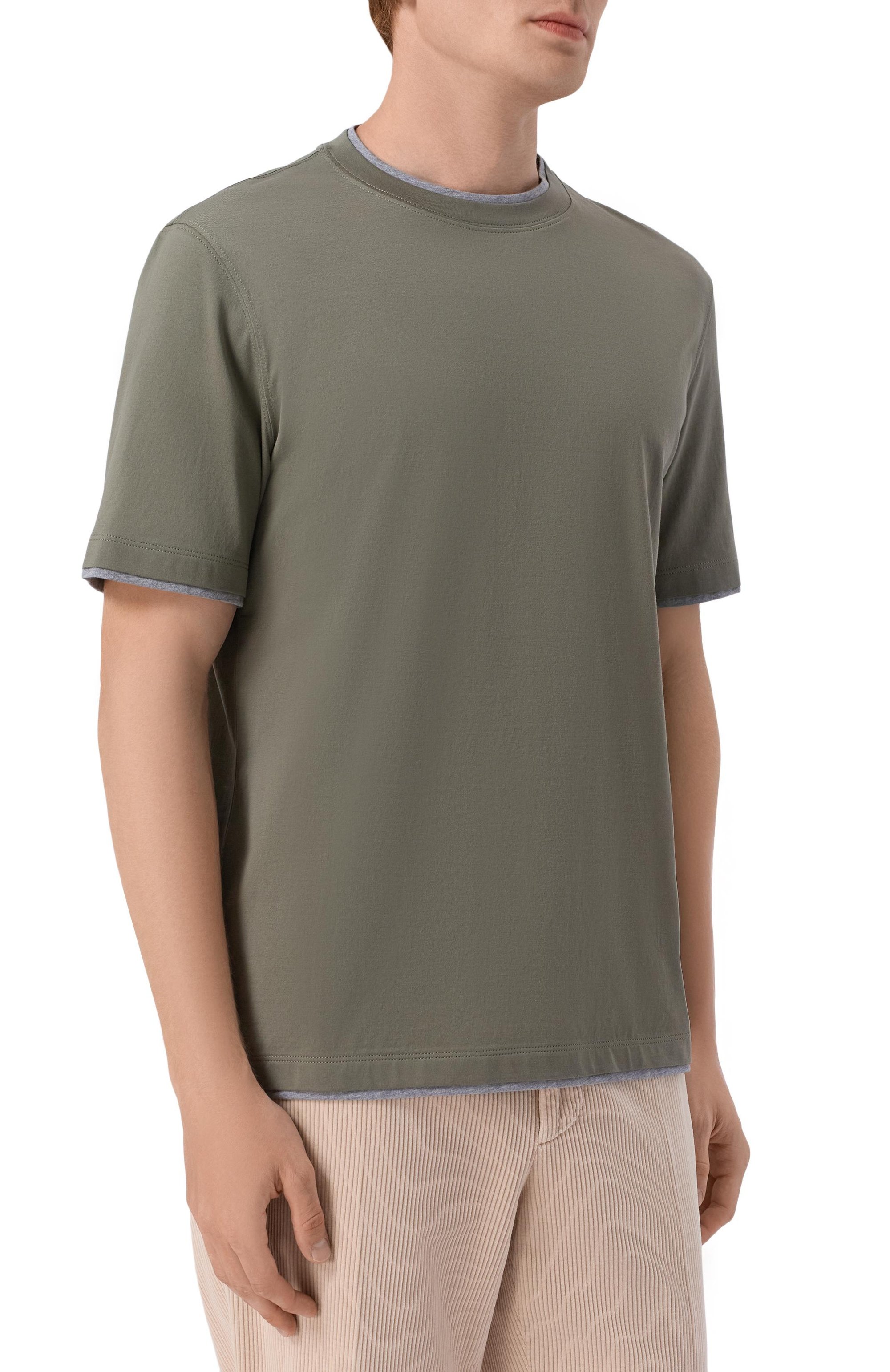 Хлопковая футболка BRUNELLO CUCINELLI хаки цвета по цене 55800 руб., арт. M0B137427W, фото 3 Хлопковая футболка BRUNELLO CUCINELLI, арт. M0B137427W, фото 3
