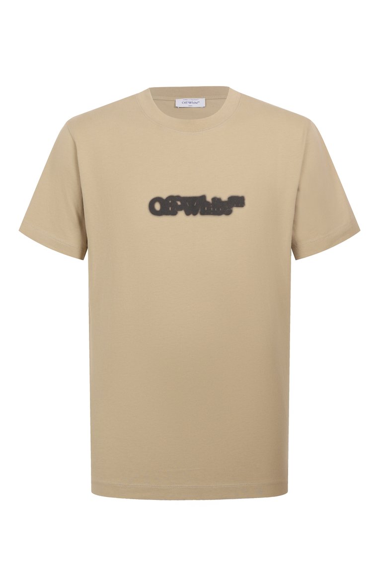 Мужская хлопковая футболка OFF-WHITE бежевого цвета, арт. 0MAA027S25JER00B | Фото 1 (Материал внешний: Хлопок; Длина (для топов): Стандартные; Автоматизация состава: Проставлено; Рукава: Короткие; Автоматизация ТО: Проставлено; Мужское Кросс-КТ: Футболка-одежда; Принт: С принтом; Стили: Кэжуэл; Детали: Без декора)