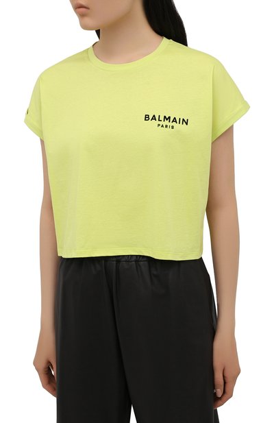 Хлопковая футболка BALMAIN салатового цвета по цене 23300 руб., арт. VF0EE005/B013, фото 3 Хлопковая футболка BALMAIN, арт. VF0EE005/B013, фото 3