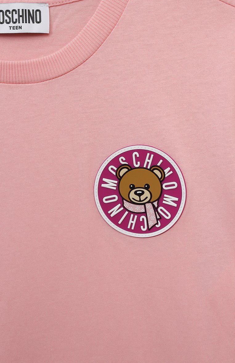 Детская хлопковая футболка MOSCHINO светло-розового цвета, арт. HSM03U/LAA10/10A-14A | Фото 3 (Драгоценные камни: Проставлено; Материал внешний: Хлопок; Материал сплава: Проставлено; Рукава: Короткие; Девочки Кросс-КТ: футболка-одежда)