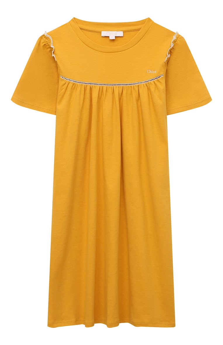 Детское хлопковое платье CHLOÉ желтого цвета, арт. C20071/6A-12A | Фото 1 (Рукава: Короткие; Материал внешний: Хлопок; Девочки Кросс-КТ: Платье-одежда; Случай: Повседневный)
