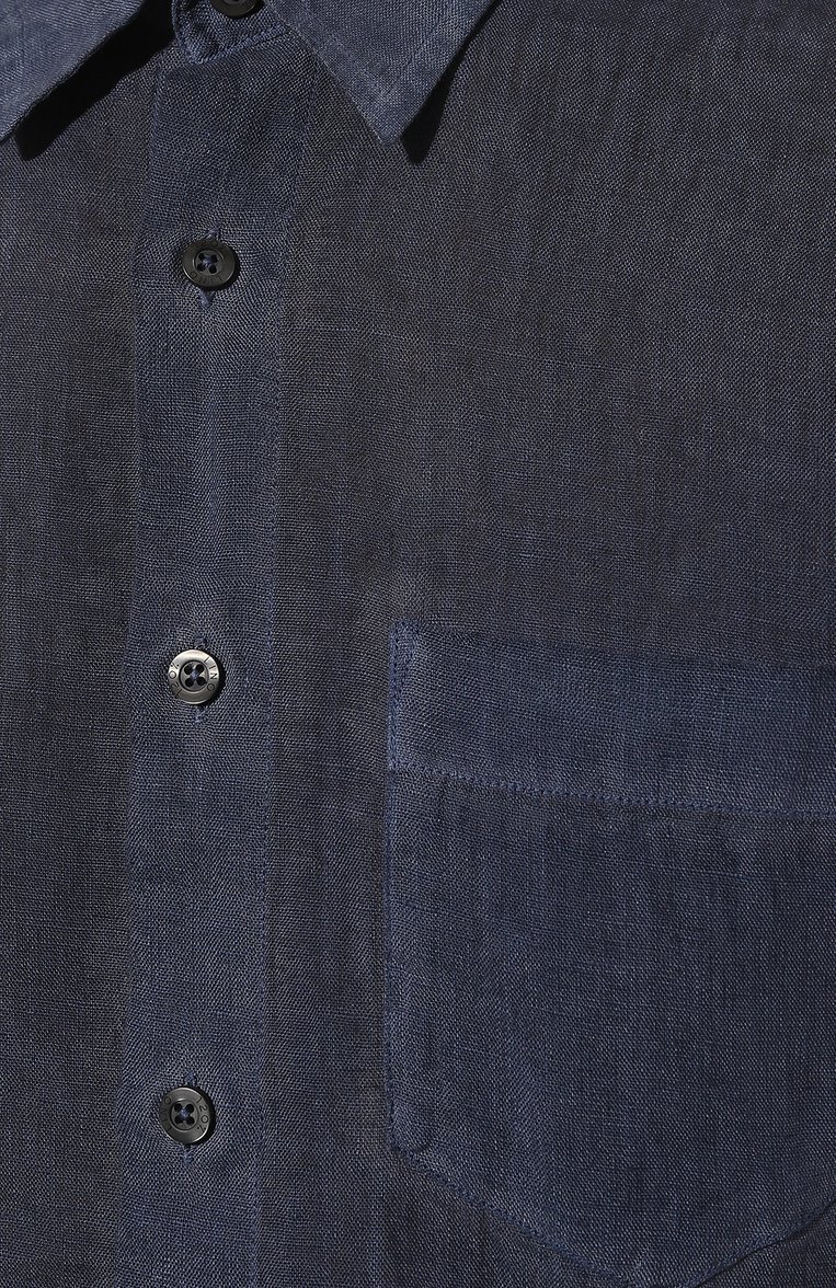 Мужская льняная рубашка 120% LINO темно-синего цвета, арт. 31ALIM1081/0000115/S00 | Фото 5 (Манжеты: На пуговицах; Воротник: Кент; Рукава: Длинные; Случай: Повседневный; Длина (для топов): Стандартные; Материал сплава: Проставлено; Материал внешний: Лен; Принт: Однотонные; Драгоценные камни: Проставлено; Стили: Кэжуэл)