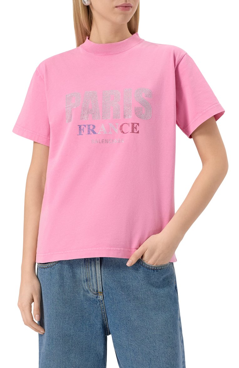 Женская хлопковая футболка BALENCIAGA розового цвета, арт. 809122/TRVL5 | Фото 3 (Рукава: Короткие; Длина (для топов): Стандартные; Материал внешний: Хлопок; Стили: Гранж; Принт: С принтом)