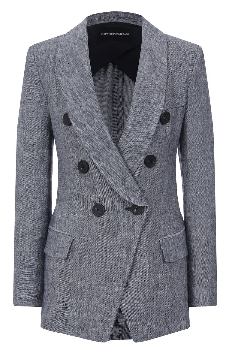 Женский льняной жакет EMPORIO ARMANI синего цвета, арт. EW001558/TE10381 | Фото 1 (Длина (для топов): Стандартные; Рукава: Длинные; Материал внешний: Лен; Женское Кросс-КТ: Жакет-одежда; Кросс-КТ: костюм; 1-2-бортные: Двубортные; Стили: Классический)