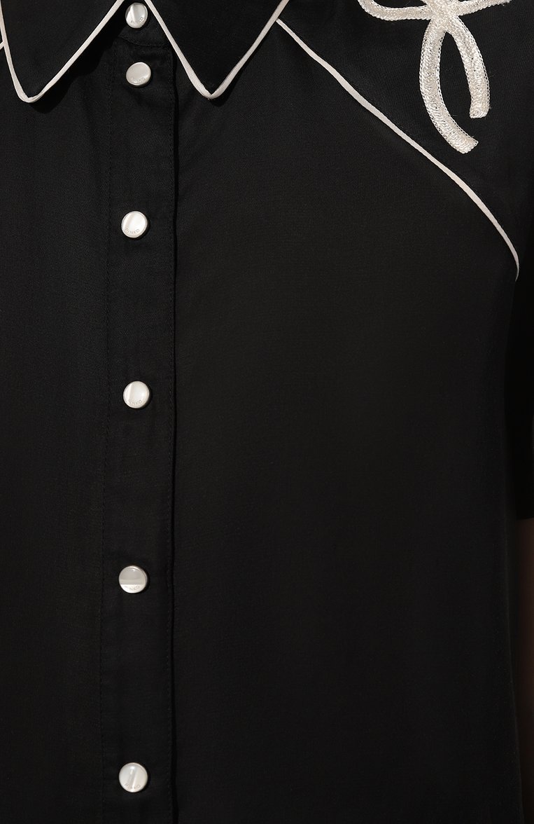 Женская рубашка из вискозы и хлопка PINKO черно-белого цвета, арт. 103746-A1XM | Фото 5 (Принт: Без принта; Рукава: Короткие; Женское Кросс-КТ: Рубашка-одежда; Длина (для топов): Стандартные; Материал сплава: Проставлено; Материал внешний: Хлопок, Вискоза; Драгоценные камни: Проставл�ено; Стили: Кэжуэл)