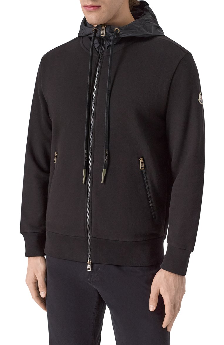 Мужской хлопковая толстовка MONCLER черн�ого цвета, арт. 8G00034/899WC | Фото 3 (Материал внешний: Хлопок; Длина (для топов): Стандартные; Мужское Кросс-КТ: Толстовка-одежда; Рукава: Длинные; Стили: Спорт-шик)