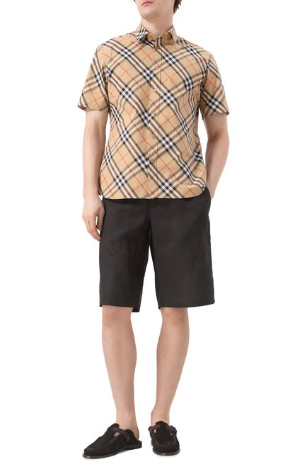 Мужская хлопковая рубашка BURBERRY бежевого цвета, арт. 8087637 | Фото 2 (Длина (для топов): Стандартные; Драгоценные камни: Проставлено; Материал внешний: Хлопок; Материал сплава: Проставлено; Рукава: Короткие)