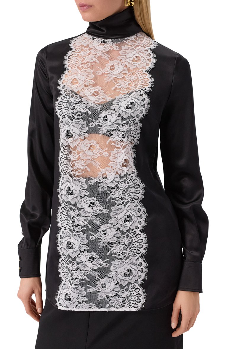 Женский топ из шелка и вискозы DOLCE & GABBANA черно-белого цвета, арт. F7AK0T/FU1AU | Фото 3 (Рукава: Длинные; Материал внешний: Шелк; Длина (для топов): Удлиненные; Кросс-КТ: костюм; Стили: Романтичный; Автоматизация ТО: Проставлено; Автоматизация состава: Проставлено; Размерность: Идёт в размер; Re-sync: On)