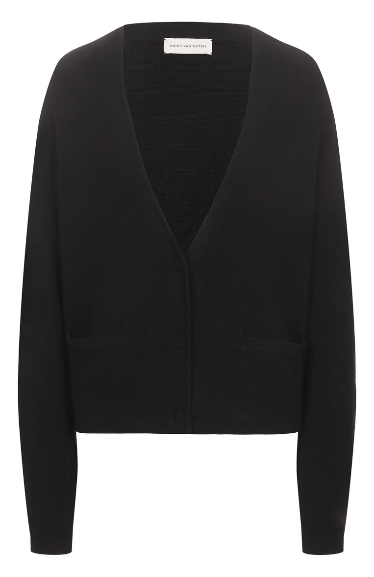 Женский шерстяной кардиган DRIES VAN NOTEN черного цвета, арт. 251-011211-1700 | Фото 1 (Длина (для топов): Стандартные; Рукава: Длинные; Материал внешний: Шерсть; Женское Кросс-КТ: кардиган-трикотаж; Застежка: Пуговицы; Стили: Минимализм; Автоматизация ТО: Проставлено; Автоматизация состава: Проставлено)