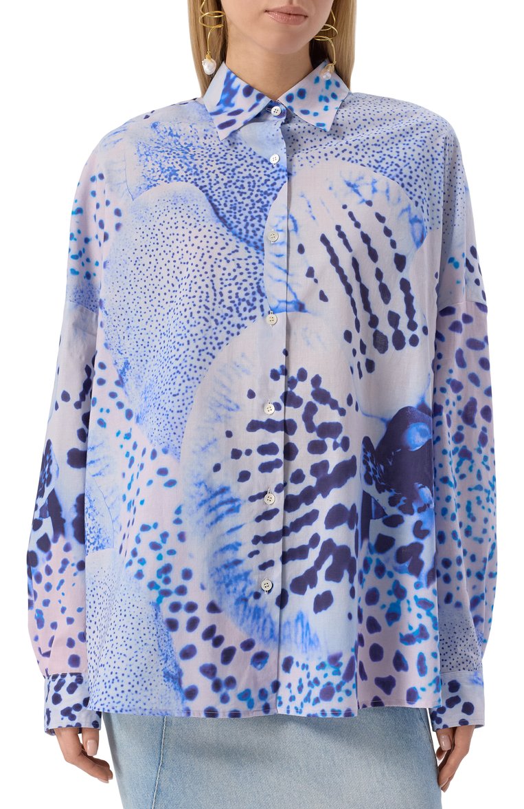 Женская хлопковая рубашка DRIES VAN NOTEN голубого цвета, арт. 251-010700-1110 | Фото 3 (Материал внешний: Хлопок; Длина (для топов): Удлиненные; Рукава: Длинные; Женское Кросс-КТ: Рубашка-одежда; Принт: С принтом; Стили: Кэжуэл; Автоматизация состава: Проставлено; Автоматизация ТО: Проставлено)