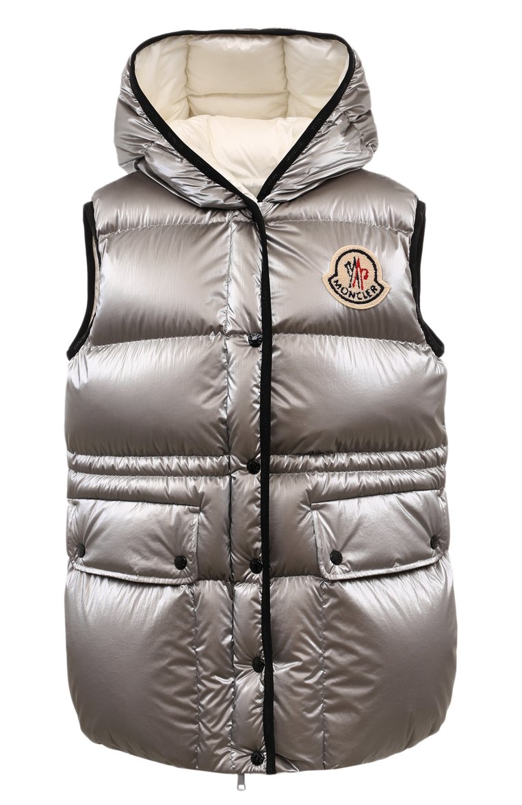 Женский пуховый жилет hera MONCLER серебряного цвета, арт. 1A000.53/596T2 | Фото 1 (Материал внешний: Синтетический материал; Материал сплава: Проставлено; Драгоценные камни: Проставлено; Длина (верхняя одежда): Короткие; Кросс-КТ: Куртка, Пуховик)