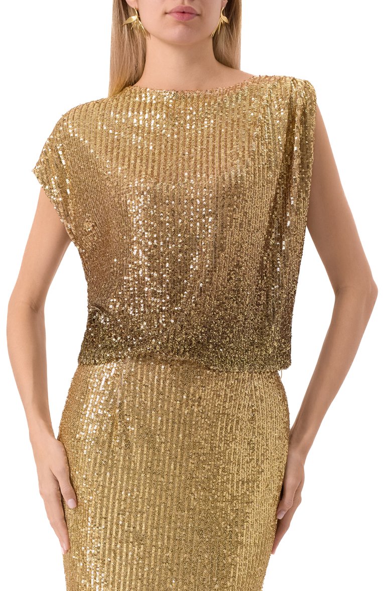 Женский топ с отделкой пайетками IN THE MOOD FOR LOVE золотого цвета, арт. RS2501500013 | Фото 3 (Материал сплава: Проставлено; Драгоценные камни: Проставлено; Длина (для топов): Стандартные; Стили: Гламурный; Кросс-КТ: костюм; Рукава: Без рукавов; Материал внешний: Синтетический материал)