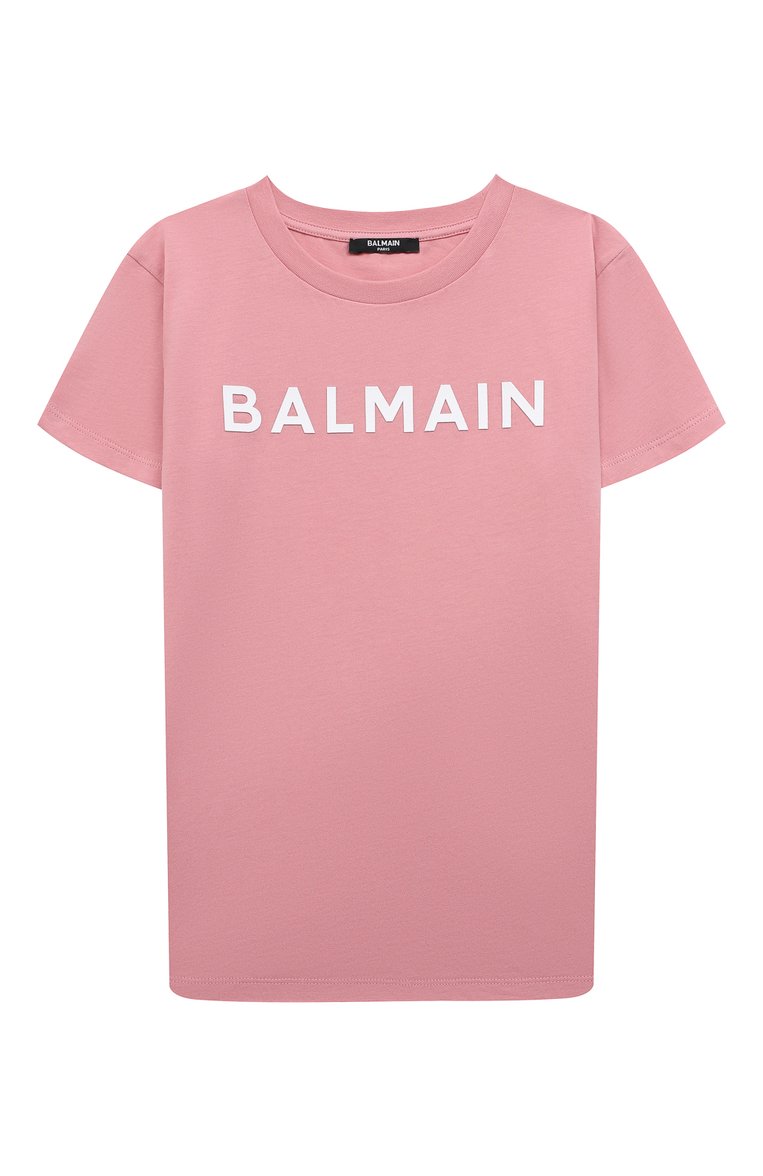 Детская хлопковая футболка BALMAIN розового цвета, арт. BT8B01 | Фото 1 (Рукава: Короткие; Материал внешний: Хлопок; Драгоценные камни: Проставлено; Материал сплава: Проставлено; Девочки Кросс-КТ: футболка-одежда; Ростовка одежда: 10 - 11 лет | 140 - 146см, 12 лет | 152 см, 13 - 15 лет | 158 см, 6 лет | 116 см, 8 лет | 128 см)
