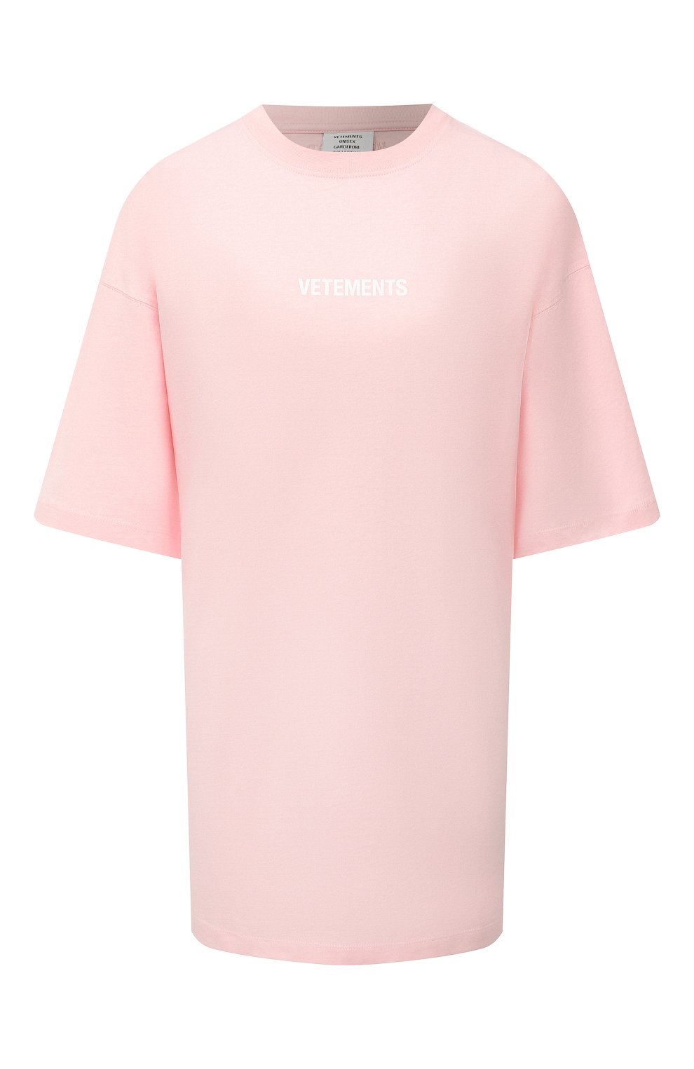 Хлопковая футболка VETEMENTS светло-розового цвета по цене 42550 руб., арт. UE52TR120P 1602/W, фото 1 Хлопковая футболка VETEMENTS, арт. UE52TR120P 1602/W, фото 1