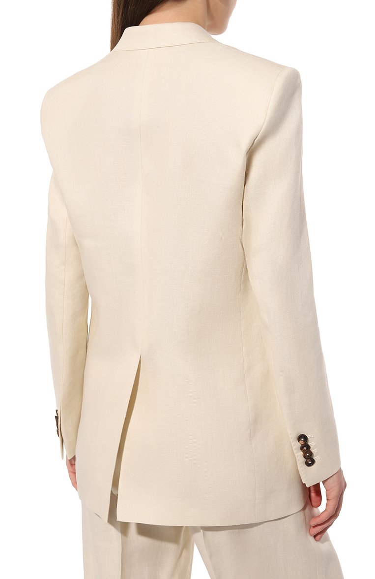 Женский льняной жакет TAGLIATORE 0205 кремового цвета, арт. J-JASMINE10B/340021/EA839 | Фото 4 (Рукава: Длинные; Материал внешний: Лен; Длина (для топов): Удлиненные; Стили: Кэжуэл; 1-2-бортные: Двубортные; Женское Кросс-КТ: Жакет-одежда; Кросс-КТ: костюм; Автоматизация состава: Проставлено; Автоматизация ТО: Проставлено)