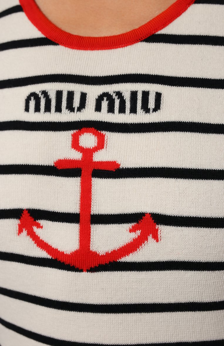 Женское хлопковое платье MIU MIU молочного цвета, арт. MMA711-1Y6F-F0009 | Фото 5 (Длина Ж (юбки, платья, шорты): Мини; Материал внешний: Хлопок; Стили: Кэжуэл; Кросс-КТ: Трикотаж; Случай: Повседневный; Женское Кросс-КТ: Платье-одежда; Драгоценные камни: Проставлено; Нос: Не проставлено; Материал сплава: Проставлено; Региональные ограничения белый список (Axapta Mercury): Не проставлено; Рукава: Без рукавов)