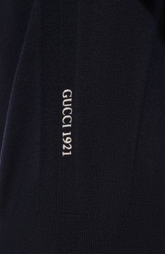 Мужской шерстяной джемпер GUCCI темно-синего цвета, арт. 763661/XKDLY | Фото 6 (Рукава: Длинные; Материал внешний: Шерсть; Длина (для топов): Стандартные; Вырез: Круглый; Стили: Кэжуэл; Мужское Кросс-КТ: Джемперы; Принт: Без принта)