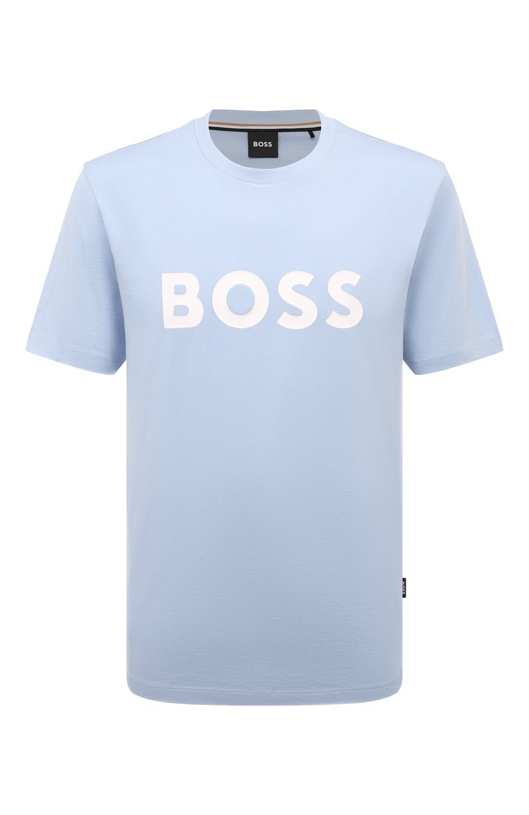 Мужская хлопковая футболка BOSS светло-голубого цвета, арт. 50495742 | Фото 1 (Материал сплава: Проставлено; Длина (для топов): Стандартные; Рукава: Короткие; Материал внешний: Хлопок; Драгоценные камни: Проставлено; Принт: С принтом; Стили: Кэжуэл; Кросс-КТ: Джерси; Мужское Кросс-КТ: Футболка-одежда)