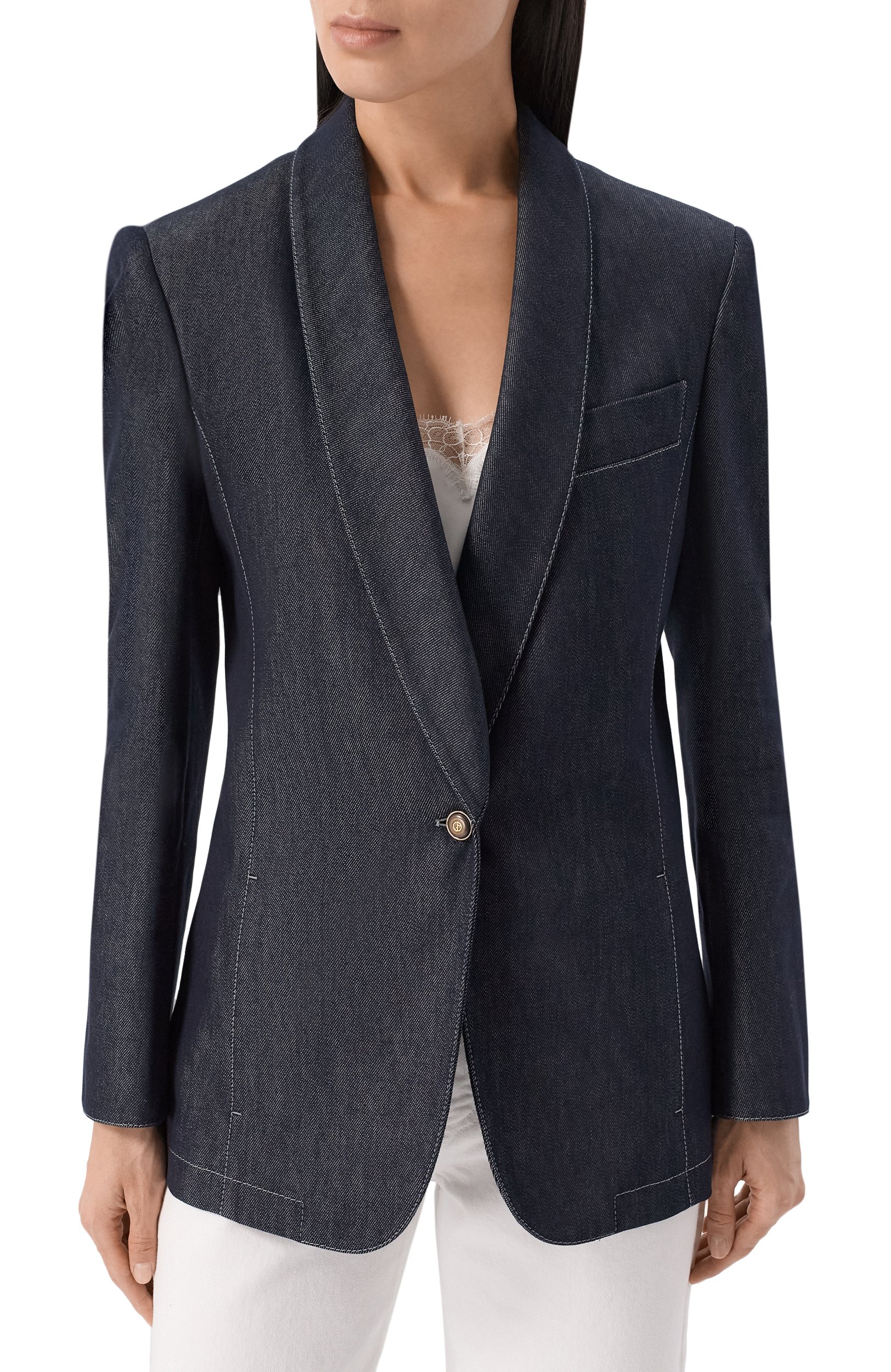Джинсовый жакет GIORGIO ARMANI темно-синего цвета по цене 358000 руб., арт. GW003505/TE23261, фото 3 Джинсовый жакет GIORGIO ARMANI, арт. GW003505/TE23261, фото 3