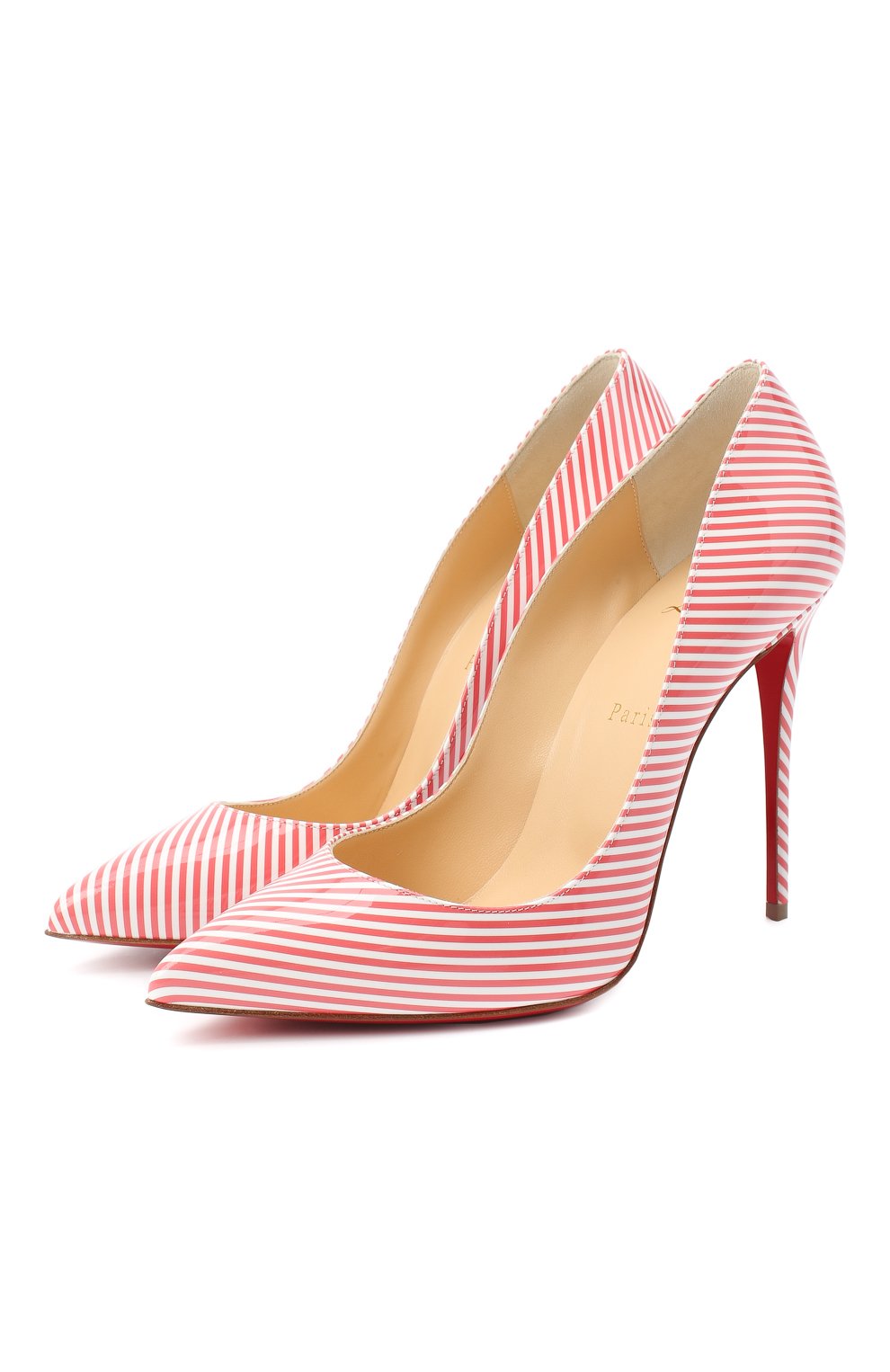 Женские кожаные туфли pigalle follies 100 CHRISTIAN LOUBOUTIN кораллового цвета, арт. pigalle follies 100 patent stripes | Фото 1 (Каблук высота: Высокий; Материал сплава: Проставлено; Каблук тип: Шпилька; Подошва: Плоская; Драгоценные камни: Прост�авлено; высота каблука: 11,4; толщина подошвы: 0,5; ширина носка стельки: 7,6)