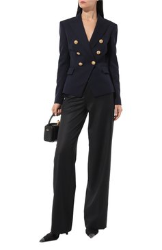 Женский шерстяной жакет BALMAIN темно-синего цвета, арт. AF1SG000WB08 | Фото 2 (Материал внешний: Шерсть; Рукава: Длинные; Длина (для топов): Стандартные; 1-2-бортные: Двубортные; Стили: Кэжуэл; Женское Кросс-КТ: Жакет-одежда; Случай: Повседневный)
