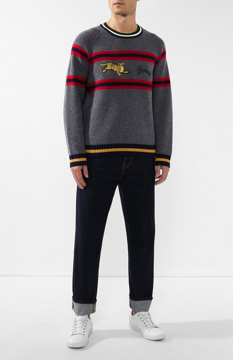 Мужской шерстяной джемпер KENZO светло-серого цвета, арт. F965PU2283DI | Фото 2 (Рукава: Длинные; Мужское Кросс-КТ: Джемперы; Рукава от горловины: Длинные; Материал внешний: Шерсть; Длина (для топов): Стандартные; Статус проверки: Проверено, Проверена категория; Вырез: Круглый; Принт: С принтом; Стили: Кэжуэл)