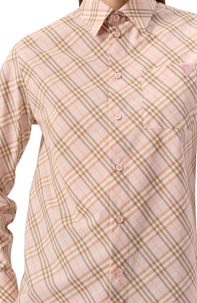 Женская хлопковая рубашка BURBERRY розового цвета, арт. 8101134 | Фото 5 (Длина (для топов): Удлиненные; Стили: Кэжуэл; Принт: Клетка, С принтом; Рукава: Длинные; Материал внешний: Хлопок; Женское Кросс-КТ: Рубашка-одежда)