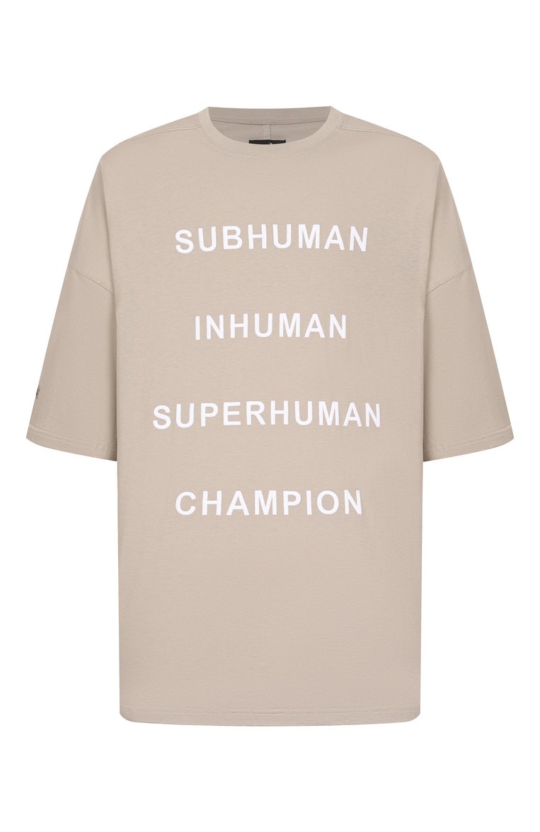 Мужская хлопковая футболка rick owens x champion RICK OWENS бежевого цвета, арт. CM01E1675/CHJG | Фото 1 (Мужское Кросс-КТ: Футболка-одежда; Детали: Декор; Автоматизация состава: Проставлено; Материал внешний: Хлопок; Принт: Без принта; Автоматизация ТО: Проставлено; Длина (для топов): Удлиненные; Стили: Спорт-шик; Рукава: Короткие)