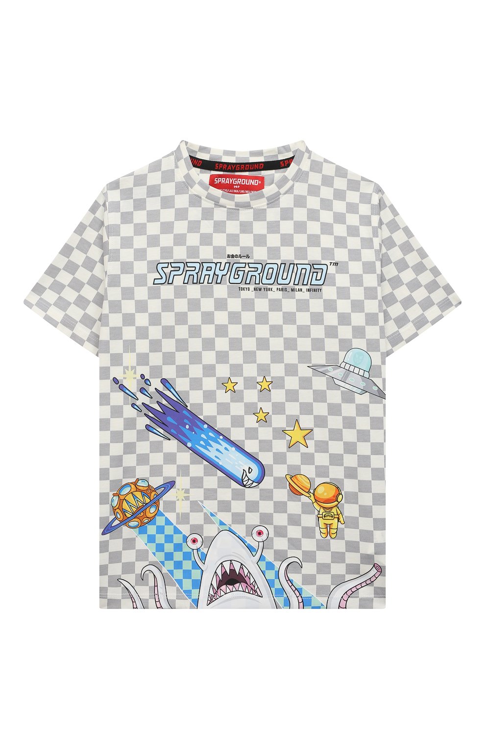 Хлопковая футболка SPRAYGROUND серого цвета по цене 12650 руб., арт. SPY671WHT, фото 1 Хлопковая футболка SPRAYGROUND, арт. SPY671WHT, фото 1