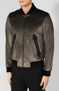 Мужской хлоп�ковая куртка на молнии SAINT LAURENT золотого цвета, арт. 533089/Y104T | Фото 3 (Кросс-КТ: Куртка, бомбер; Рукава: Длинные; Принт: Без принта; Материал сплава: Проставлено, Проверено; Материал внешний: Хлопок; Мужское Кросс-КТ: Верхняя одежда; Статус проверки: Проверено; Драгоценные камни: Проставлено; Длина (верхняя одежда): Короткие; Стили: Кэжуэл)