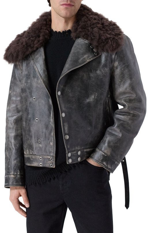 Кожаная куртка с воротником из овчины Ann Demeulemeester B0013398/LT169 Серый  B0013398/LT169 Фото 3