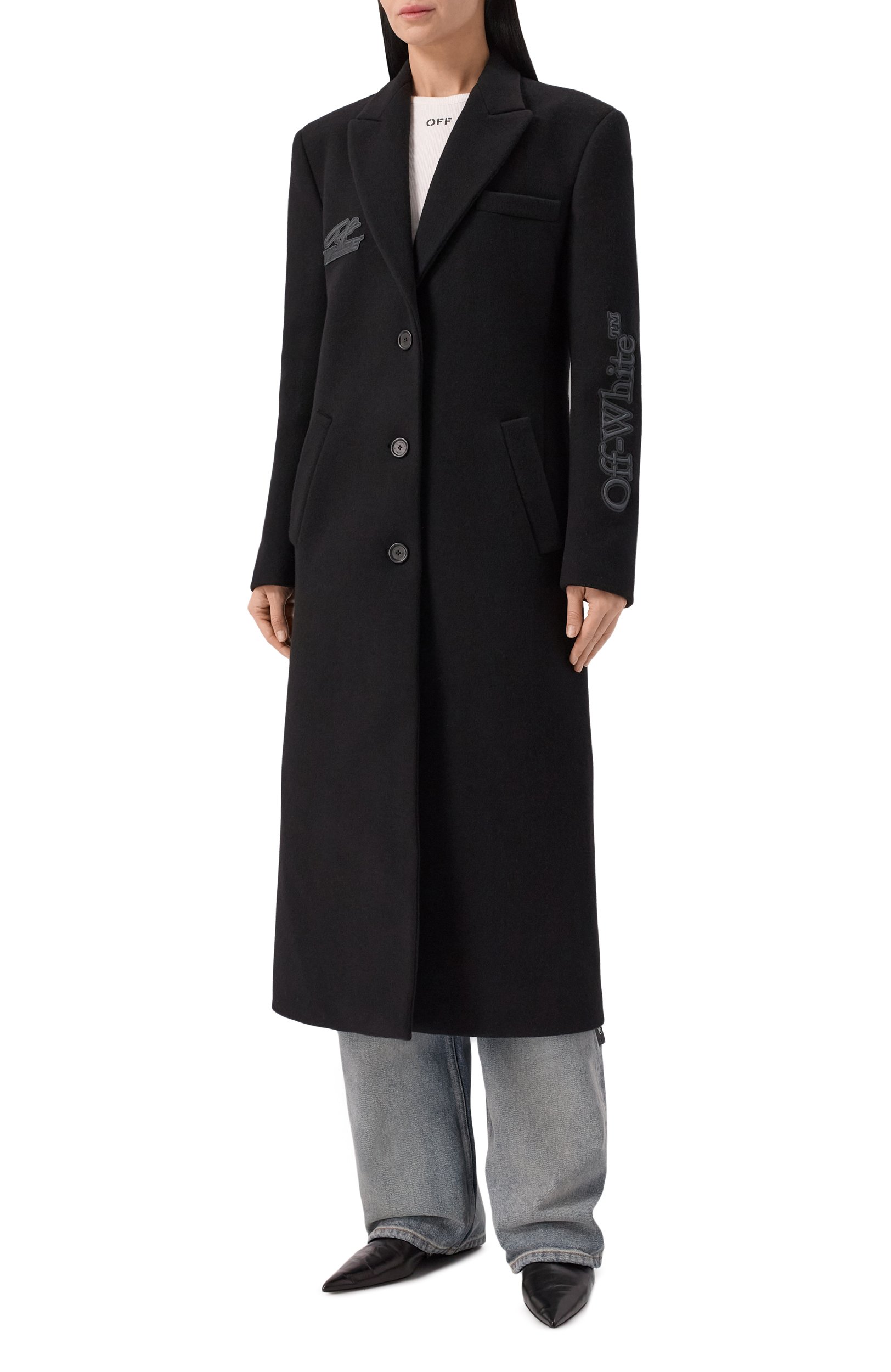 Шерстяное пальто OFF-WHITE черного цвета по цене 251500 руб., арт. 2FG00524T, фото 3 Шерстяное пальто OFF-WHITE, арт. 2FG00524T, фото 3